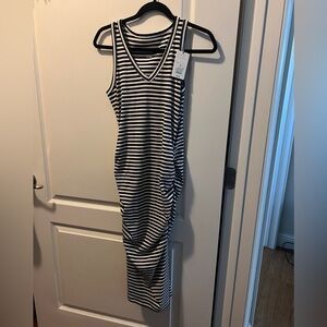 Navy striped rouched side dress